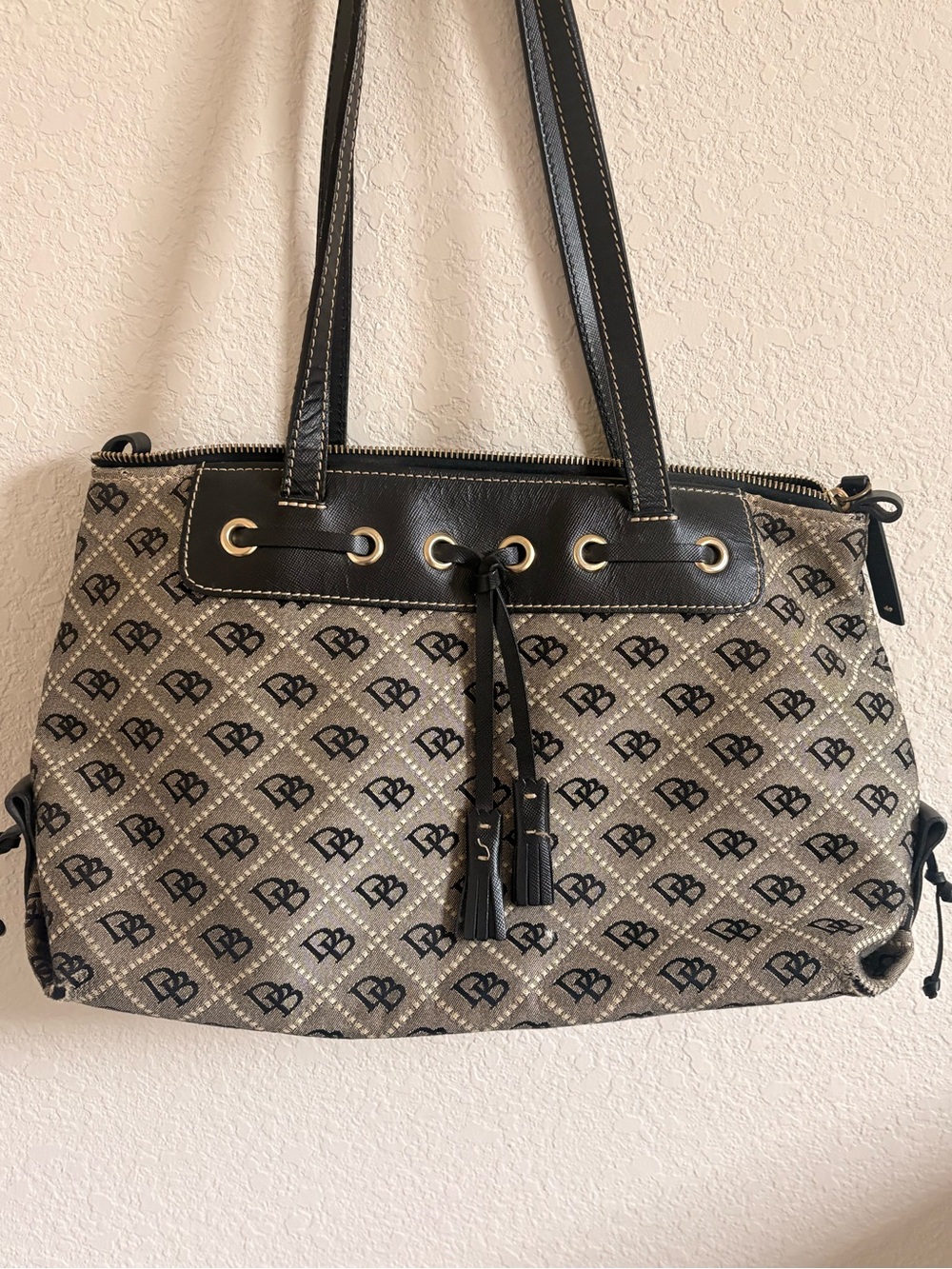 Dooney & Bourke Signature DB Monogram Canvas Leather Tassel Bag Black & Ivory
